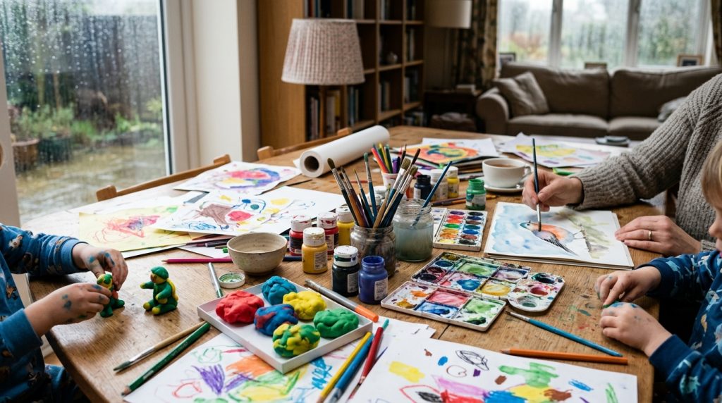 Table de salon avec peintures, papiers et pâte à modeler pour une activité en famille