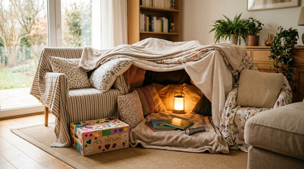 Cabane en draps avec coussins et livres dans un salon
