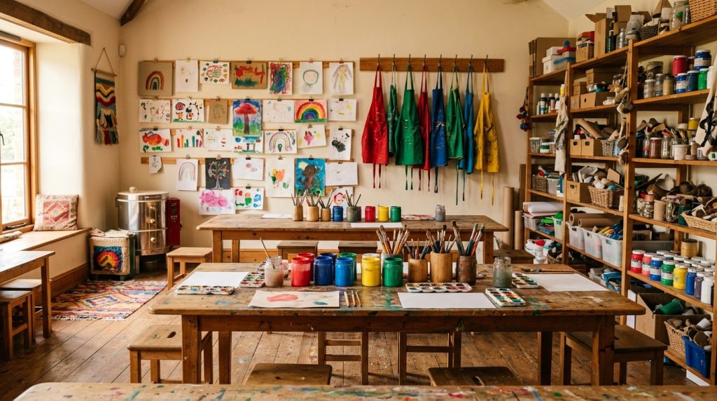 Atelier d'art pour enfants avec tables, tabliers et matériel de peinture