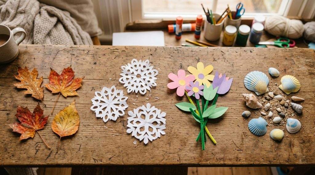 Quatre créations de saison : feuilles d'automne, flocons, fleurs et coquillages