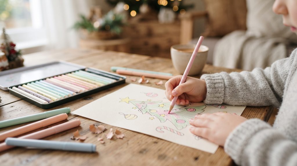 Coloriages de Noël et crayons de couleur sur une table, ambiance douce et lumineuse