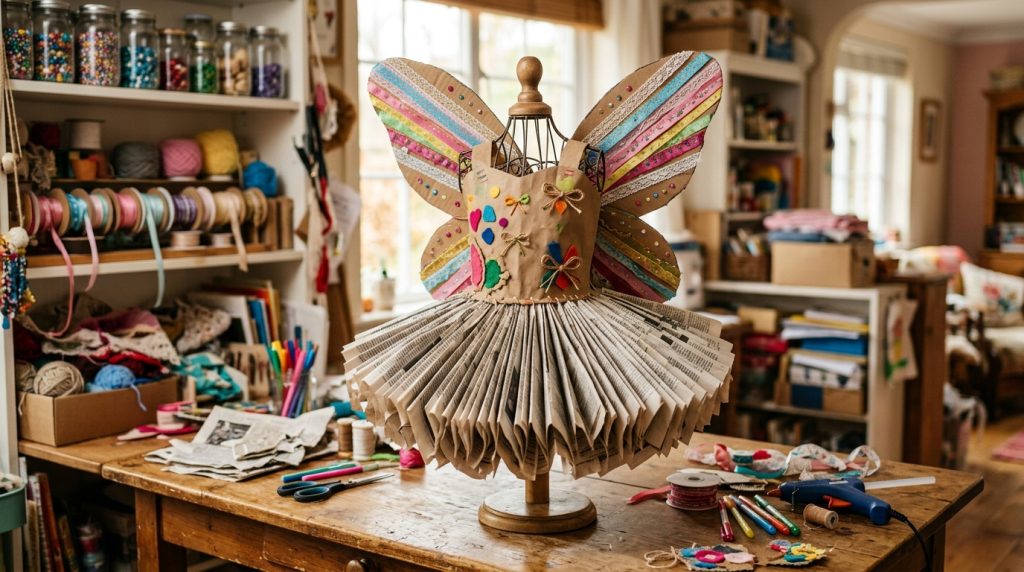 Costume d'enfant fait de papier journal, carton et rubans