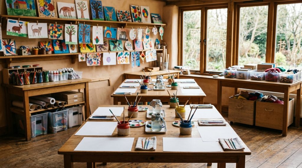 Salle de cours d'arts plastiques pour enfants préparée avec le matériel sur les tables
