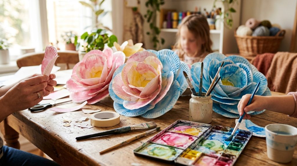 Grandes fleurs en assiettes en carton peintes à l'aquarelle sur une table