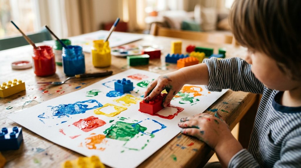 Enfant créant des empreintes de peinture avec des briques de construction colorées