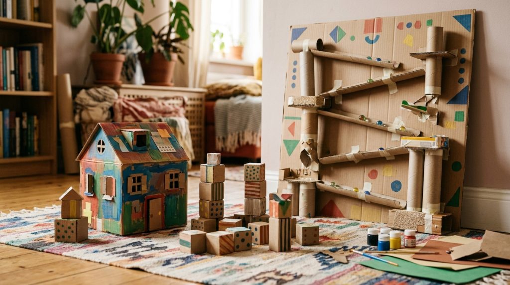 Jouets en carton faits maison : blocs, maison et circuit de billes