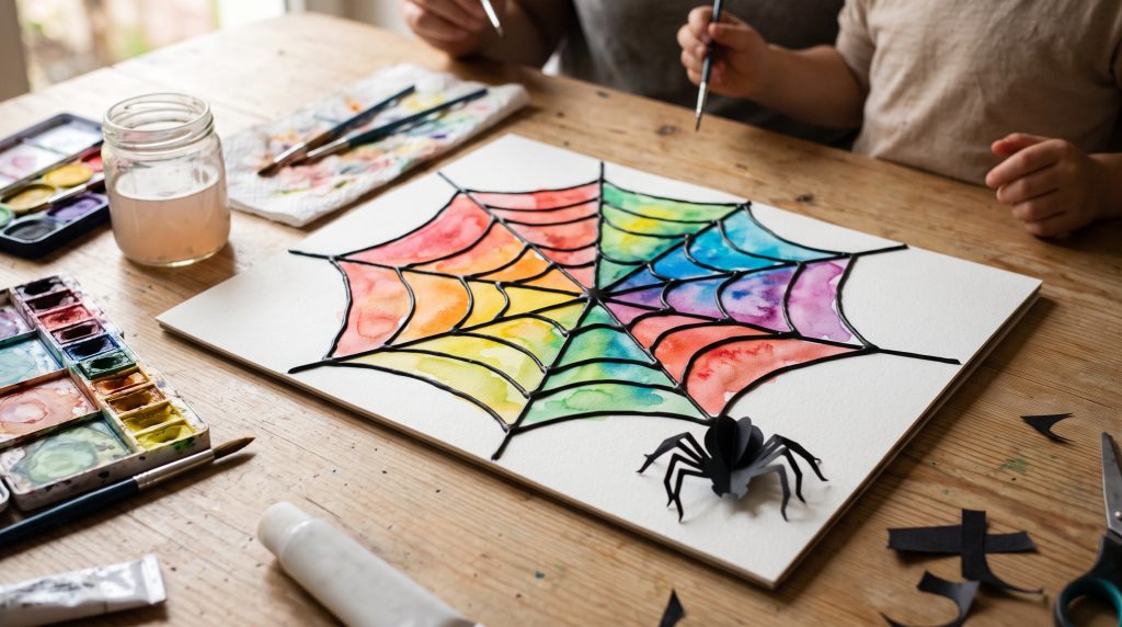Toiles d’araignée en colle noire et aquarelle : un projet d’art d’Halloween