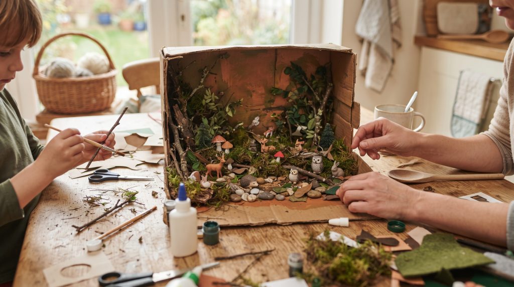 Un diorama de forêt sur la table de la cuisine