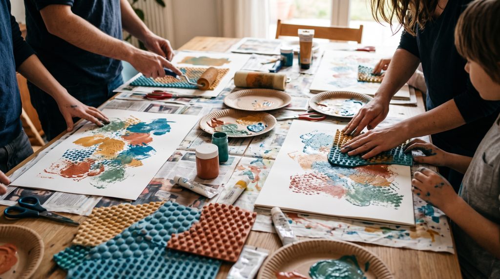 Impressions abstraites avec un tapis de bain : une activité de gravure pour les enfants
