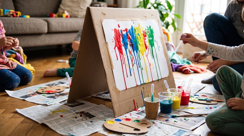 Peinture au goutte-à-goutte avec un chevalet en carton fait maison
