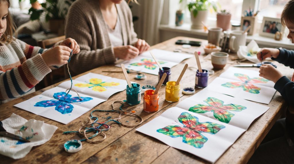 Projet artistique de papillons imprimés à la ficelle
