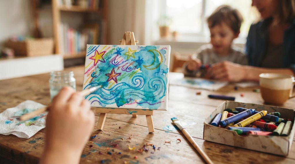 Aquarelle et crayons de cire sur toile : l’art de la réserve