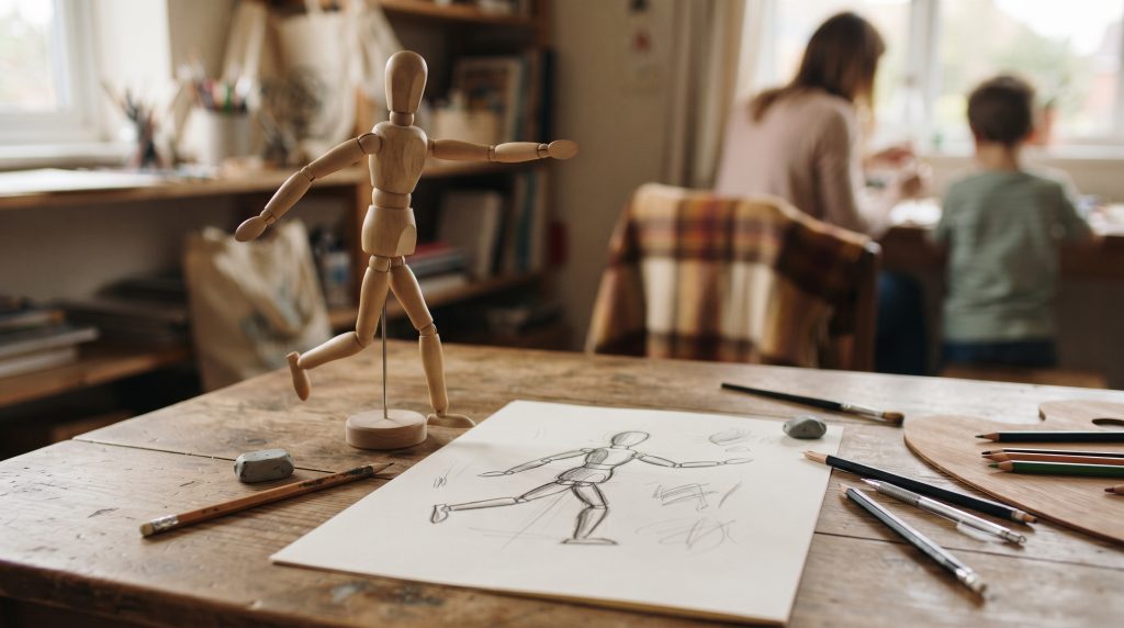 Dessin d’observation avec un mannequin en bois