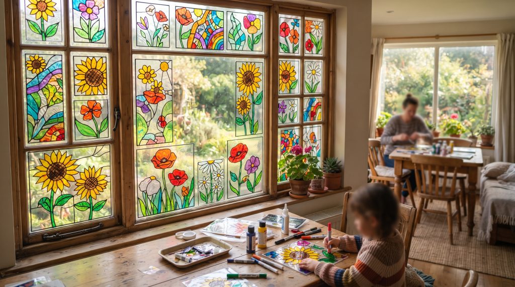 Vitrail moderne avec des intercalaires colorés et des feutres