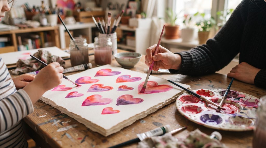 Leçon de mélange de couleurs et cartes de Saint-Valentin avec des cœurs colorés