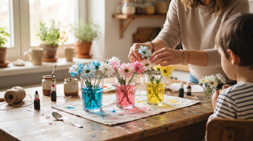 Marguerites peintes : expérience scientifique simple pour les enfants