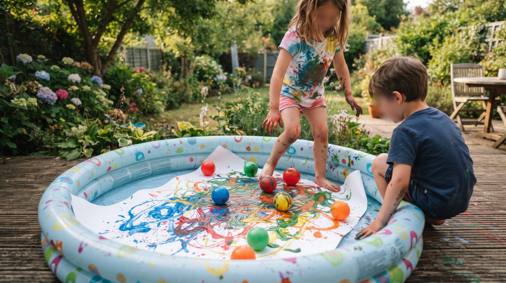 Peinture avec des balles dans une piscine pour enfants