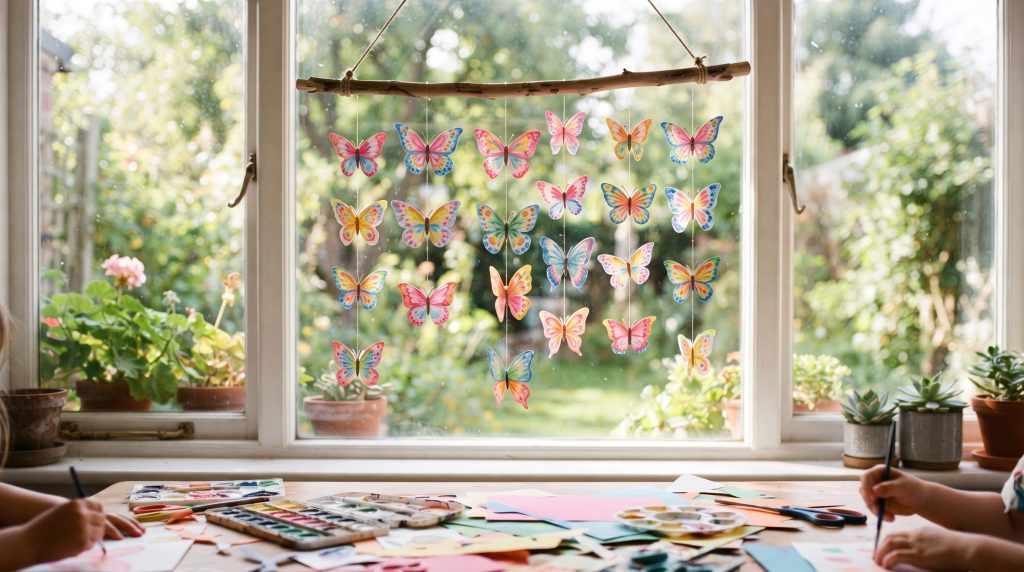 Mobiles papillons à l’aquarelle avec la technique de la cire