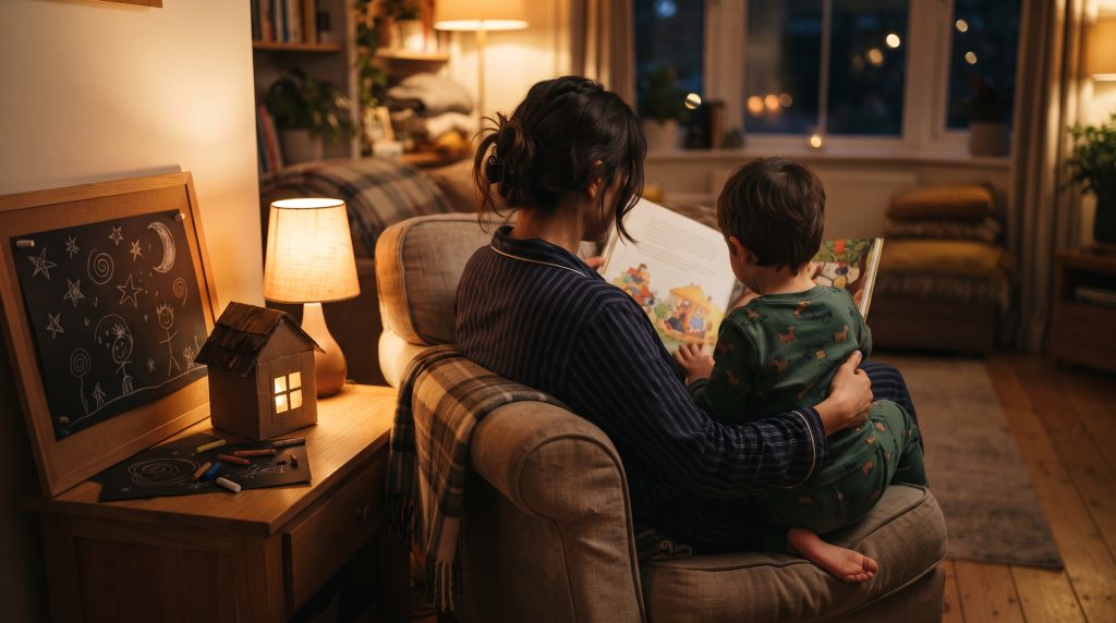 Rituel du soir : un livre de nuit et une maison en papier