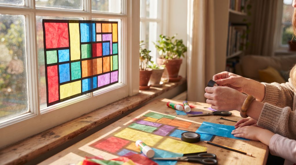 Vitrail en papier de soie dans un style géométrique d’architecte