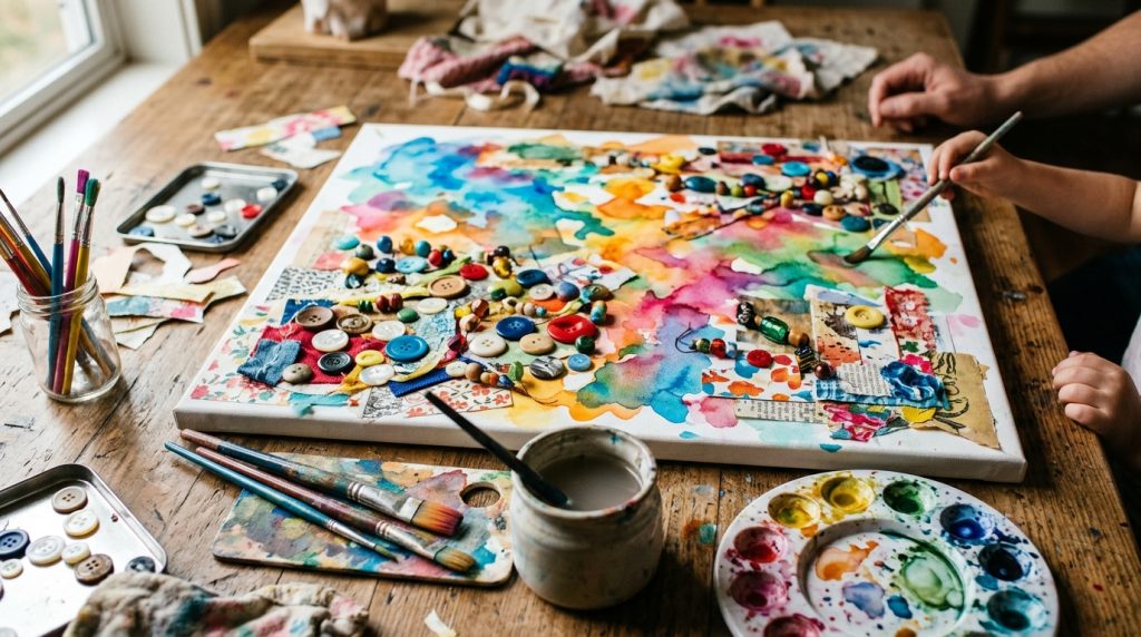 Collage d’objets sur toile avec des aquarelles