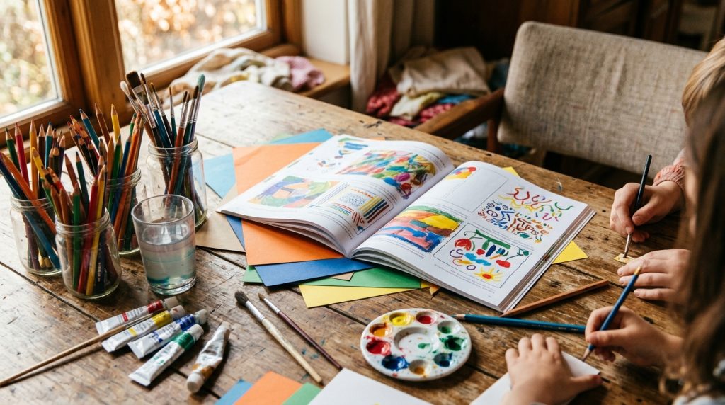 Livre ouvert d'activités artistiques posé sur une table avec crayons, peinture et papiers colorés