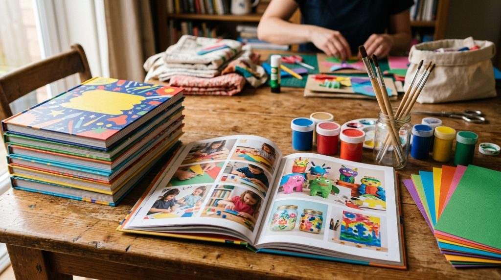 Pile de livres d'activités créatives avec du matériel de peinture sur une table