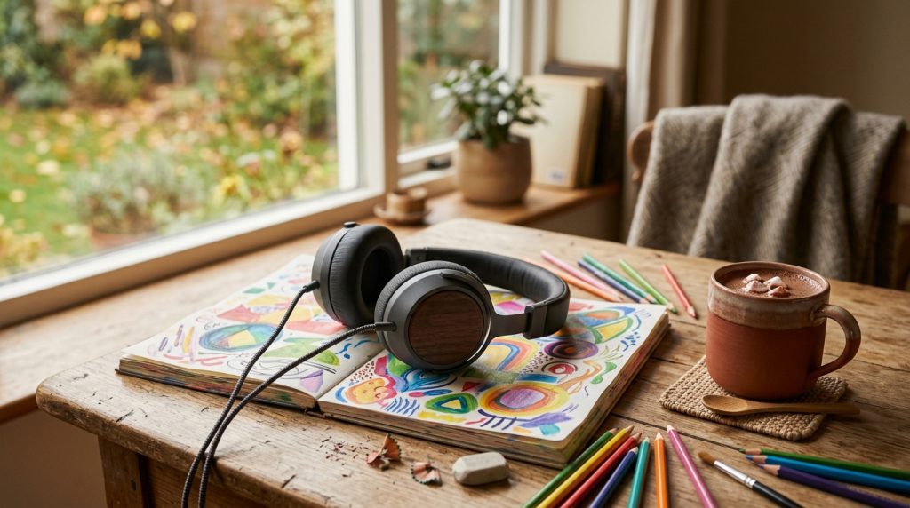 Casque audio et dessins d'enfants sur une table pendant l'écoute d'une histoire