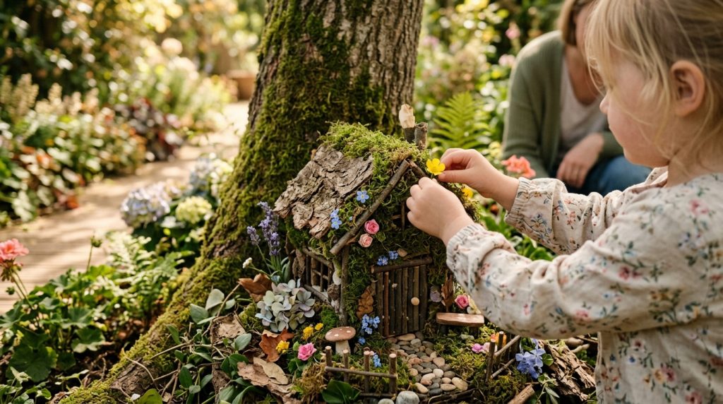Petite maison de fées faite main avec mousse, écorce et fleurs