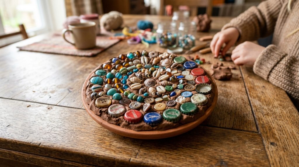 Mosaïque en argile avec perles, coquillages et bouchons pressés dedans