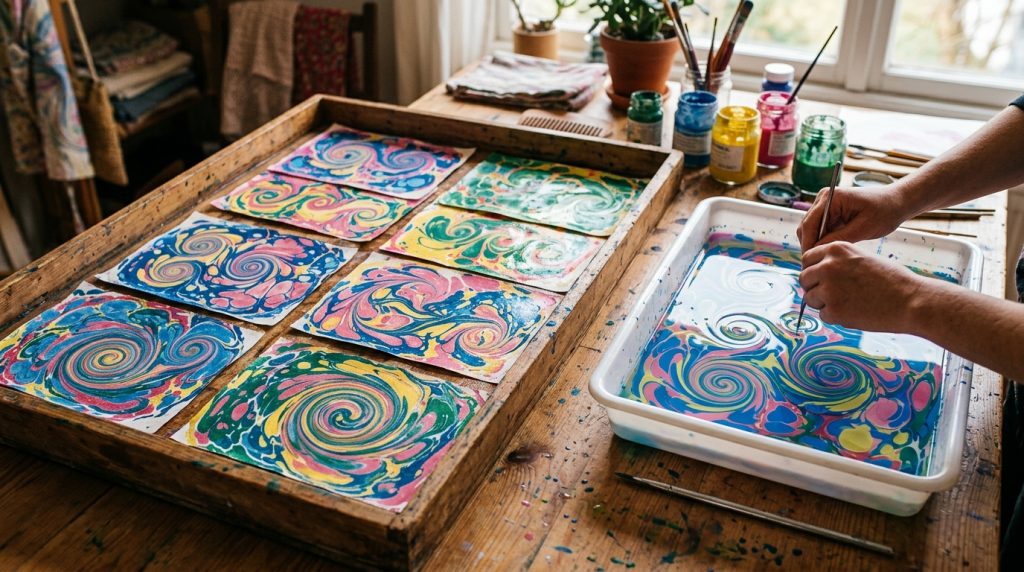 Feuilles de papier marbré aux motifs colorés en train de sécher