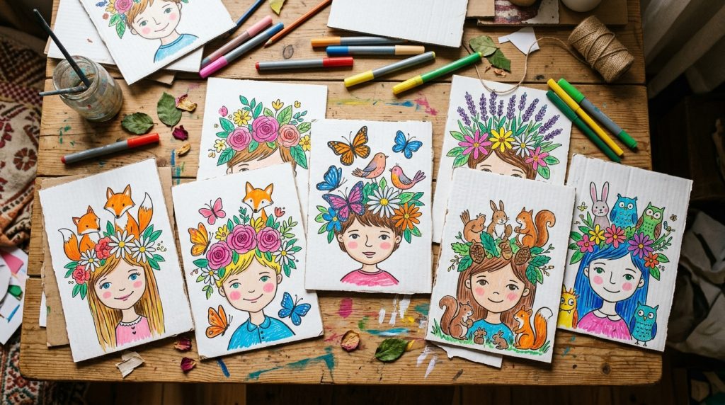 Portraits dessinés d'enfants avec de grandes coiffes de fleurs et d'animaux