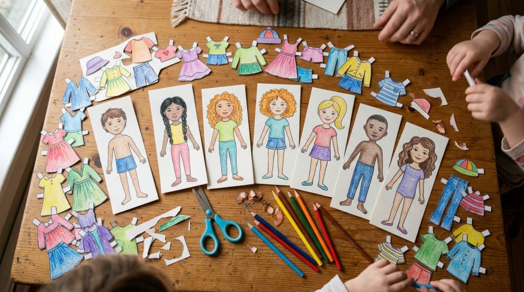 Poupées en papier de différentes couleurs de peau avec des tenues à découper