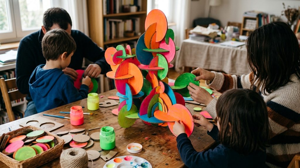 Sculpture en disques de carton peints de couleurs vives emboîtés les uns dans les autres