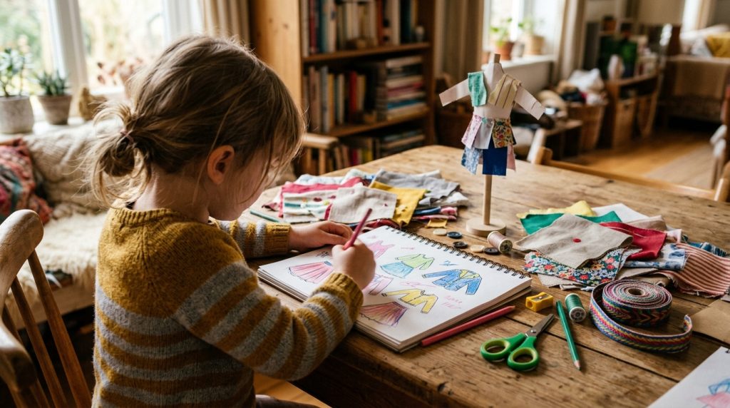Enfant dessinant des modèles de vêtements avec des tissus colorés