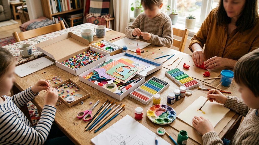 Boîtes et kits de bricolage créatifs ouverts avec perles, papiers, pinceaux et peinture